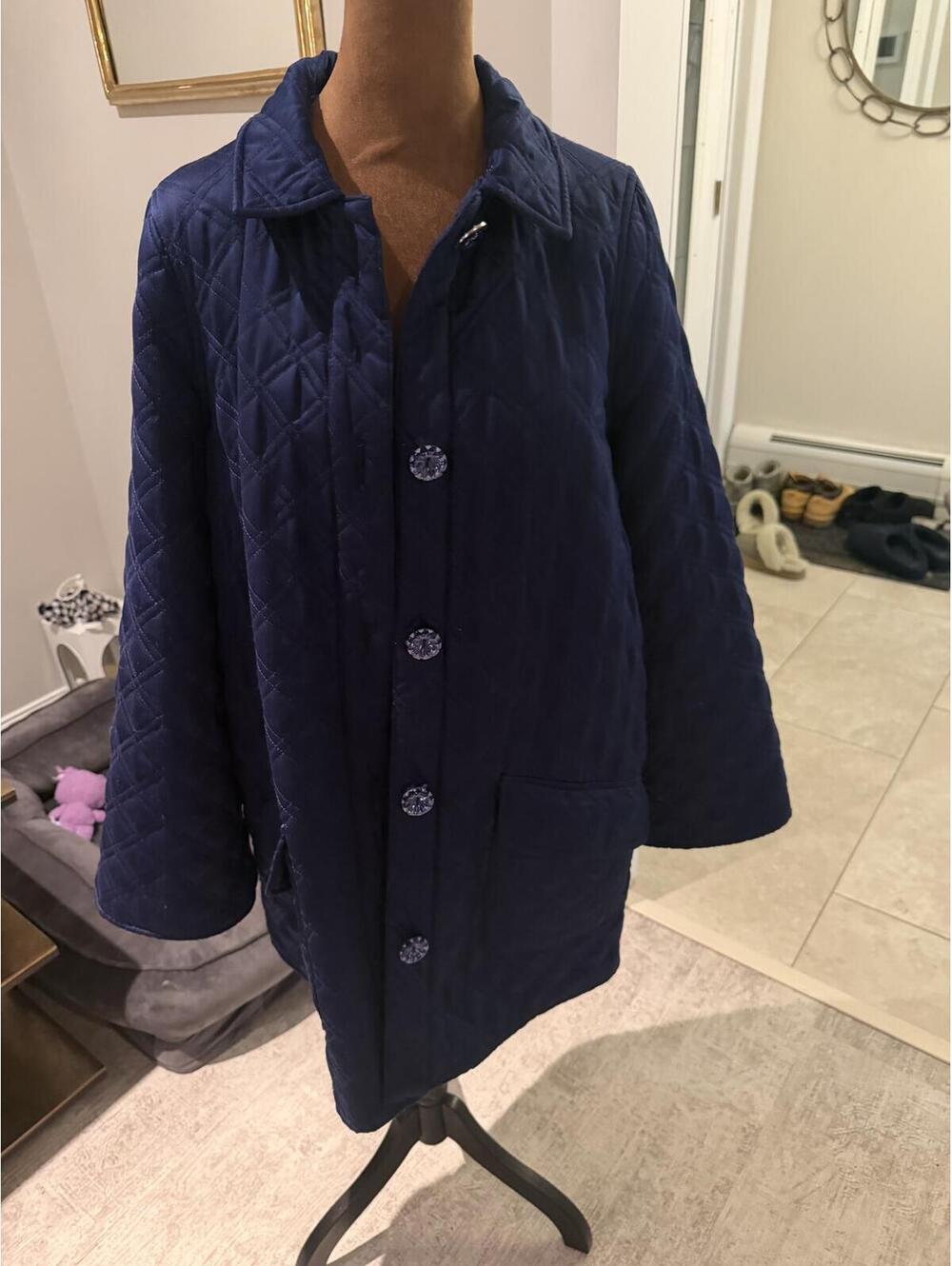 Hill house Navy quilted duvet jacket embellished buttons cottage core satin M - Picture 2 of 5
